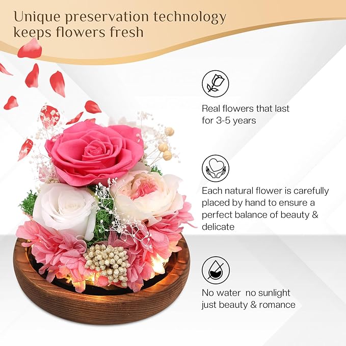 Preserved Flowers,Rose in Glass Dome with LED Light, Gifts for Her, Women, Mom,Grandma,Girlfriend, Wife- Style4