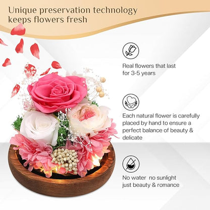 Preserved Flowers,Rose in Glass Dome with LED Light, Gifts for Her, Women, Mom,Grandma,Girlfriend, Wife- Style4