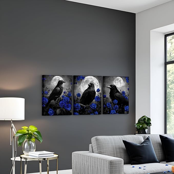 LevvArts Crow Canvas Wall Art Gothic Crow with Rose Painting Spooky Pictures Bathroom Bedroom Wall Decor (Blue)