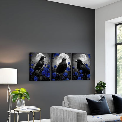 LevvArts Crow Canvas Wall Art Gothic Crow with Rose Painting Spooky Pictures Bathroom Bedroom Wall Decor (Blue)