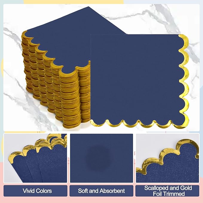 200 Pack Navy Blue and Gold Paper Napkins Scalloped Cocktail Napkins Blue Disposable Beverage Napkins for Birthday Baby Shower Wedding Party Supplies Dinnerware Tableware Decorations