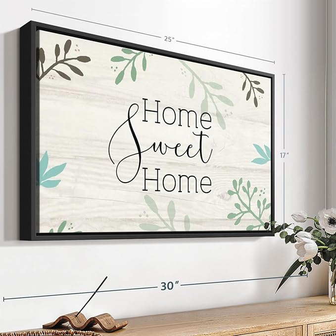 Elephant Stock Home Sweet Home Foliage Wall Art - Horizontal Floating Framed Canvas - 1-Piece Living Room Wall Decor - Leaf Digital Art Canvas Print - Beige and Black Decor for Wall by Susan Jill - 25" X 17"