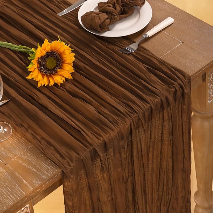 Brown Cheesecloth Table Runner Tan 4 Pack Christmas Table Runners Boho Gauze 120 Inches Marron Cheese Cloth Table Decor for Xmas Holiday Season Parties Wedding Bridal Baby Shower Tea Party
