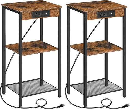 HOOBRO Tall End Tables with Charging Station, Set of 2, 30 Inch Tall Nightstands, 3-Tier Side Tables with Adjustable Storage Shelves, for Living Room, Bedroom, Hallway, Rustic Brown BF09UDHP201G1