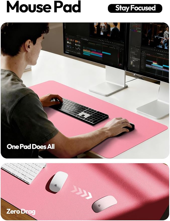 YSAGi Leather Desk Protector, Office Mat, Large Mouse Mat, Non-Slip PU Leather Blotter, Laptop Desk, Waterproof Writing Pad for Office and Home (Pink, 47.2" x 23.6")