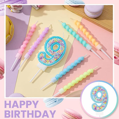 MTLEE Number 9 Birthday Candle Macaron Glitter 3D Number Candle with 12 Pcs Rainbow Spiral Candles in Holders for Girl Boy Cake Topper Wedding Anniversary Pastel Sweet Theme Party Decoration