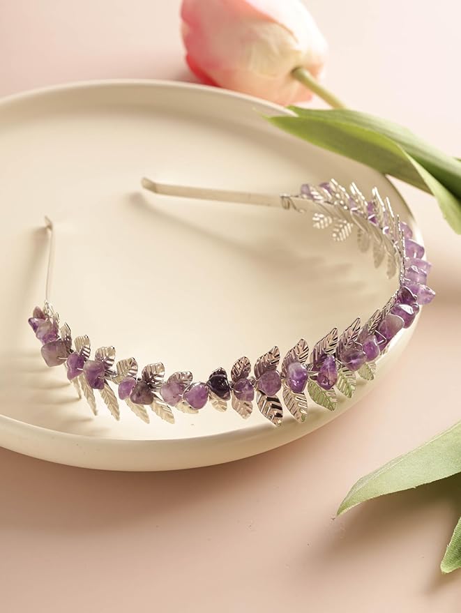 MINACHI Boho Created Amethyst Leaf Hairband, Silver-Tone Handmade Festival Crown, Jewelry Gift for Women Mother's Day