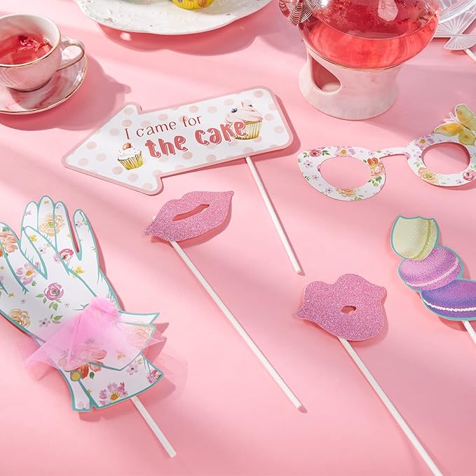 SUNBEAUTY 14 Pcs Tea Party Photo Booth Props Tea Party Decorations Alice in Wonderland Party Supplies Garden Party Bridal Shower for Girls Women