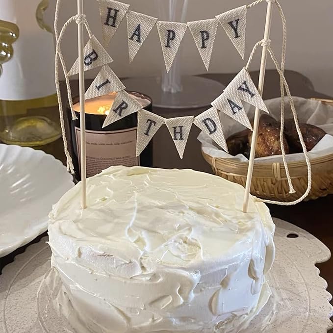 Happy Birthday Cake Bunting Topper Cake Topper Garland, Handmade Pennant Flags with Wood Pole Ivory (Without Pink Rose)
