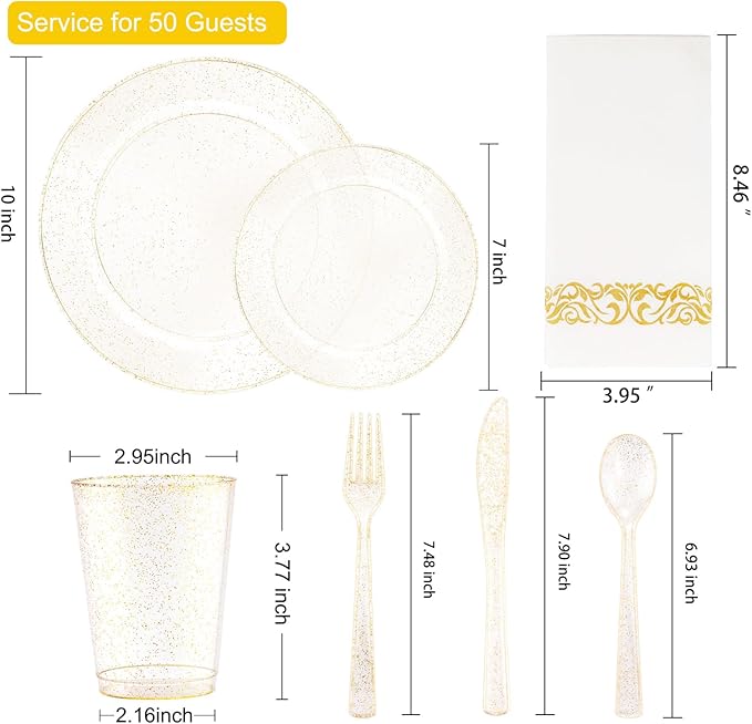 I00000 700 Pcs Gold Glitter Plastic Dinnerware Sets, Disposable Plates for Party, Include: 100 Dinner Plate,100 Dessert Plate,100 Paper Napkins, 100 Cups,100 Plastic Silverware Set