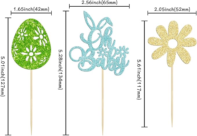 24 Pcs Oh Baby Cupcake Toppers - Blue Glitter Babyshower Cake Picks - Happy Easter Bunny & Spring Theme Boy Birthday Party Decorations