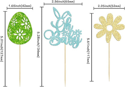 24 Pcs Oh Baby Cupcake Toppers - Blue Glitter Babyshower Cake Picks - Happy Easter Bunny & Spring Theme Boy Birthday Party Decorations
