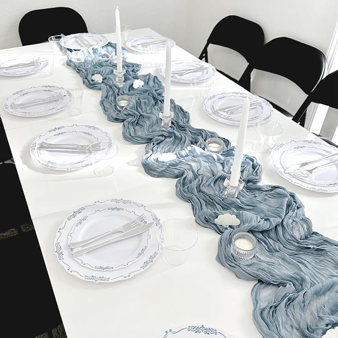 10 Pack Dusty Blue Cheesecloth Table Runner 35x120 Inch, 10FT Boho Gauze Cheese Cloth Table Runner Rustic Semi-Sheer Runner for Wedding Bridal Baby Shower Birthday Party Home Decor