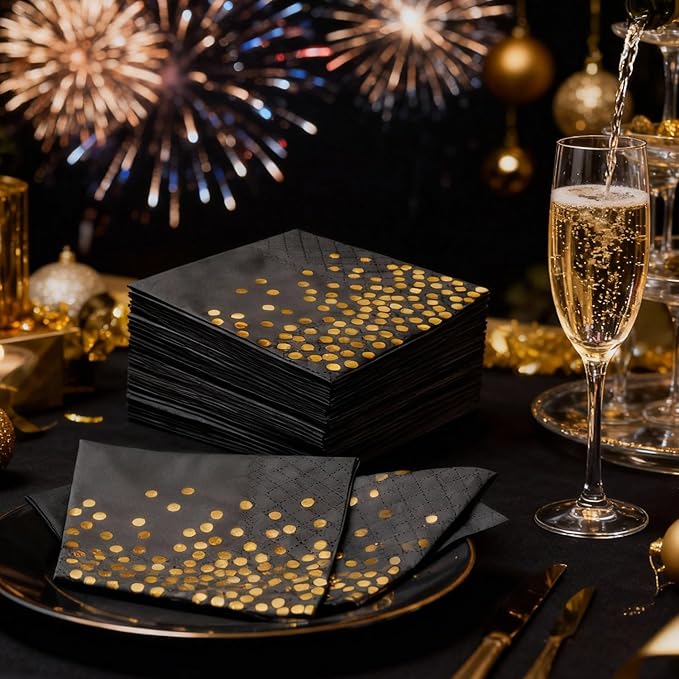 200 Pcs 6.5x6.5 Inch Disposable Black Gold Dot Paper Napkins