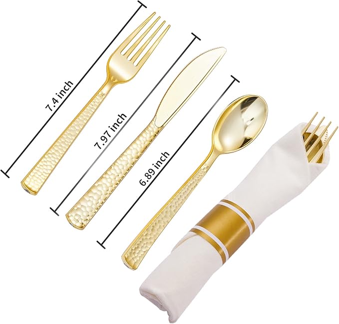 N9R 30 Pack Pre Rolled Gold Plastic Cutlery Set, Wrapped Plastic Silverware Set with 30 Forks, 30 Knives, 30 Spoons and 30 Napkins, Disposable Cutlery Set for Party and Wedding