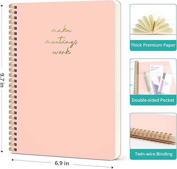 Taja 6 Pack of Meeting Notebook for Work Organization - Work notebook with action items, Meeting Minutes Planner Notebook, Perfect Office Supplies for Men & Women - Pink