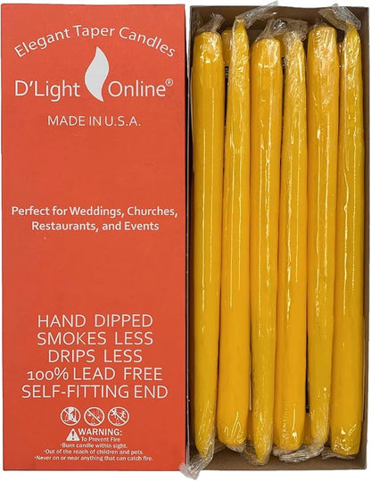 D'light Online Elegant Unscented Daffodil 12" Yellow Taper Candles Premium Quality Hand-Dipped Tapered Candles, Dripless and Smokeless - Set of 12 Individually Wrapped (12 Inch, Daffodil)