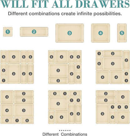 25 PCS Drawer Organizer Set, 5 Varied Size Bathroom and kitchen Drawer cabinet organizer Trays, Clear Storage Bins for Makeup, Jewelry, Utensils and Gadgets, Champagne