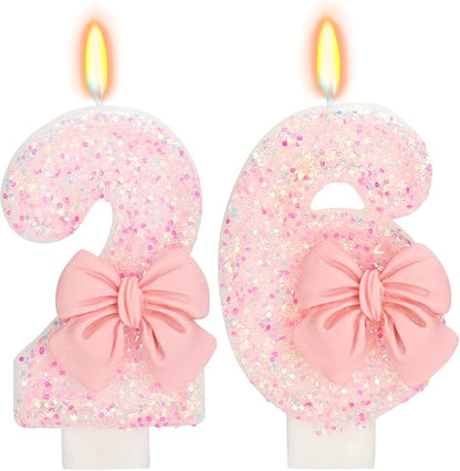 26th Birthday Candles for Cake, Pink Bow Number Cake Candles, 2.76 inch Number Happy Birthday Candle, Cake Topper Decoration for Birthday Party (Number 26)