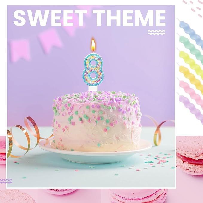 MTLEE Number 8 Birthday Candle with 12 Pcs Spiral Candles for Girls Macaron Pastel Rainbow Unicorn Pink Cake Topper for Sweet Theme Party Decoration