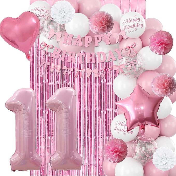 11th Birthday Decorations for Girls Pink Number 11 Balloon Bow Coquette Happy Birthday Banner Fringe Curtain Paper Pom Poms Star Heart Foil Pink White Balloons 11 Year Old Party Decor