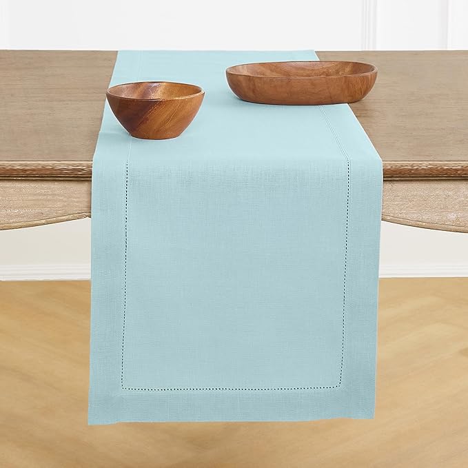 Solino Home Linen Aqua Blue Table Runner 48 Inches - Classic Hemstitch, 100% Pure Linen Coffee Table Runner 14 x 48 Inch Ideal for Dresser Tables