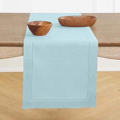 Solino Home Linen Aqua Blue Table Runner 36 Inches - Classic Hemstitch, 100% Pure Linen Coffee Table Runner 14 x 36 Inch Ideal for Dresser Tables