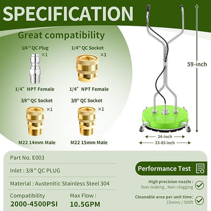 30'' Pressure Washer Surface Cleaner with 4 Wheels - Stainless Steel Surface Cleaner for Pressure Washer Attachment for Concrete, Driveway, Patio, Sidewalk, Deck and Driveways