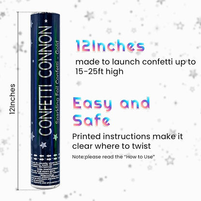 Confetti Cannon Sliver 12 Pack Confetti Poppers 12 Inch Confetti Party Poppers with Silver Star Confetti Bulk Streamer Blaster Shooter for New Year Christmas Birthdays,Weddings,Graduation Decorations