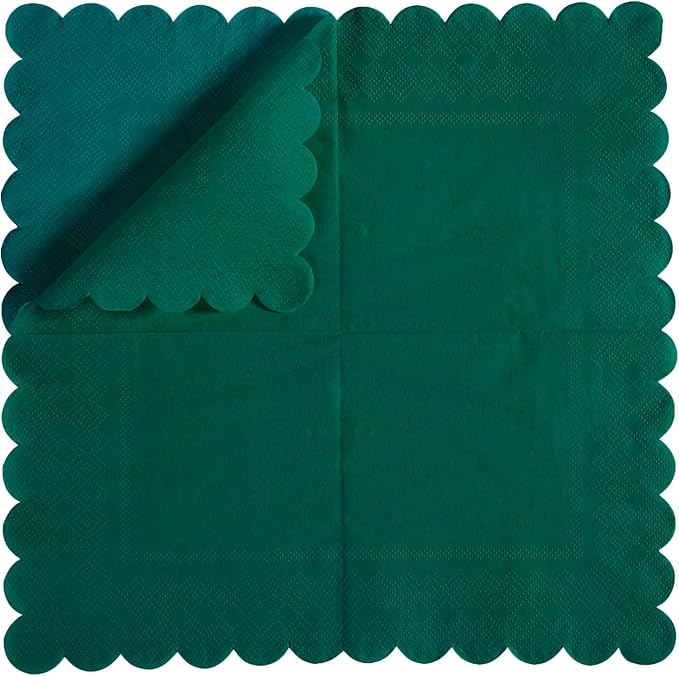 200 Pack Cocktail Napkin 2-Ply Scalloped Edged Dessert Napkins Folded 5 x 5 Inches Disposable Napkins for Dinner Wedding Birthday Party Bridal Anniversary Reception Event (Dark Green)