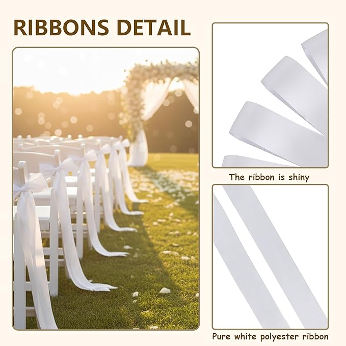 30 Pcs Wedding Ribbons for Chairs, 90.55x1.96 Inch Satin Chair Sashes for Pew Back, Aisle Ceremony Decorations, DIY Bow Making for Wedding Party Decor（White）