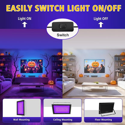 T-SUN 200W Black Lights Outdoor, 3 Brightness Modes Black Light Flood Light with Plug, Halloween Blacklight, IP66 Waterproof LED Flood Light for Glow Party Body Paint Fluorescent Poster Stage