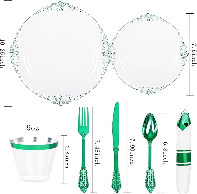 Hioasis 175pcs Clear Green Plastic Plates - Elegant Disposable Dinnerware Set Suitable for 25 Guests Include 10.25" Dinner & 7.5" Dessert Plates, Pre Rolled Silverware Set, Cups for Party & Christmas