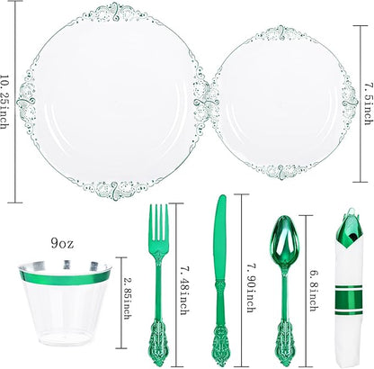Hioasis 175pcs Clear Green Plastic Plates - Elegant Disposable Dinnerware Set Suitable for 25 Guests Include 10.25" Dinner & 7.5" Dessert Plates, Pre Rolled Silverware Set, Cups for Party & Christmas