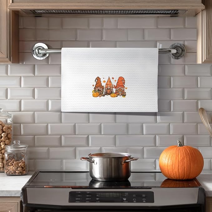 Fall Gnome Kitchen Towels, Autumn Pumpkin Gnome Dish Tea Towels for Kitchen Decor, Rustic Farmhouse Fall Thanksgiving Decorative Hand Towel for Bathroom, 16x24 Inches