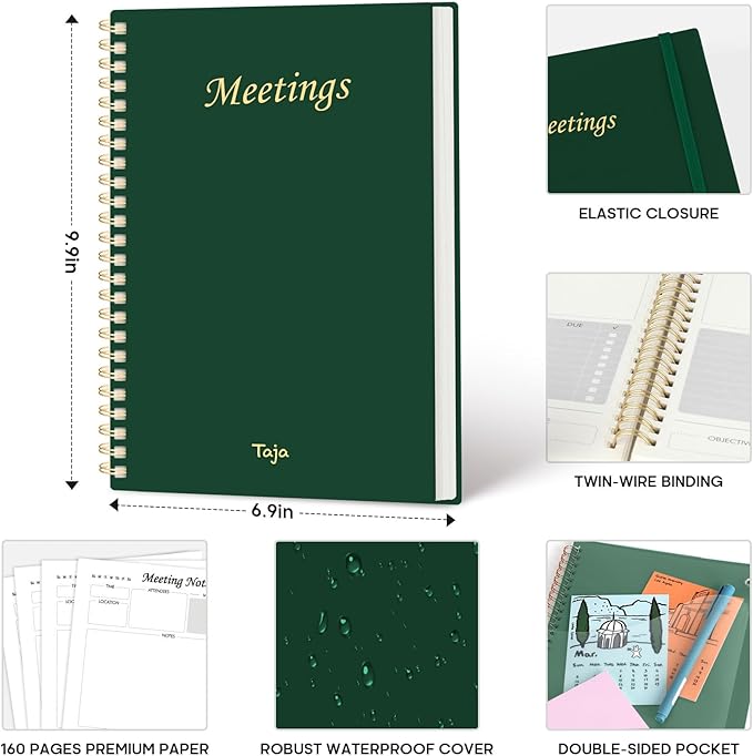 Taja Meeting Notebook for Work Organization - Work Planner Notebook with Action Items, Agenda Planner for Note Taking, 160 Pages (6.9" X 9.9") Project Organizer for Men & Women - Dark Green