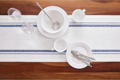 Solino Home Striped Linen Table Runner 120 Inches Long - French Stripe 100% Pure Linen Navy and White Dining Table Runner 16 x 120 Inch