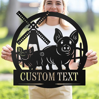 Custom Sign with Pig & Windmill - Custom Metal Sign, Pig Farm Sign, Rustic Pig Pens Farmhouse Decor Outdoor Decor, Gift for Mother's Day, Mom, Farmers, Grandma, Animal Lovers, Garden or Barn Decor