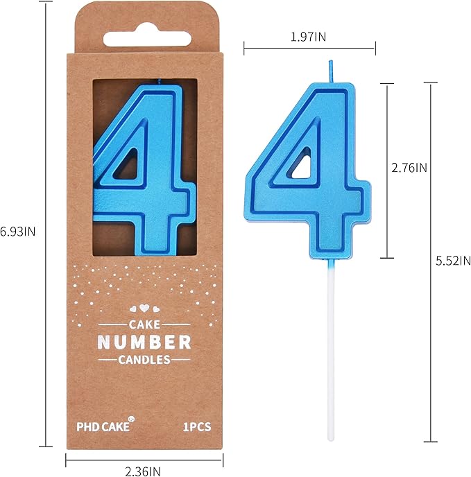 PHD CAKE 2.76 Inch Luxe Blue 4 Number Birthday Candles, Blue Number Candles, Cake Number Candles, Party Celebration