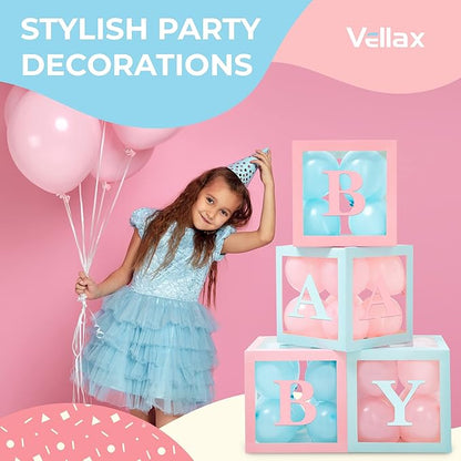 Baby Shower Boxes with Letters – Pink And Blue Boxes with Pink & Blue Balloons – 44-Piece Gender Reveal & Party Decoration Set by Vellax
