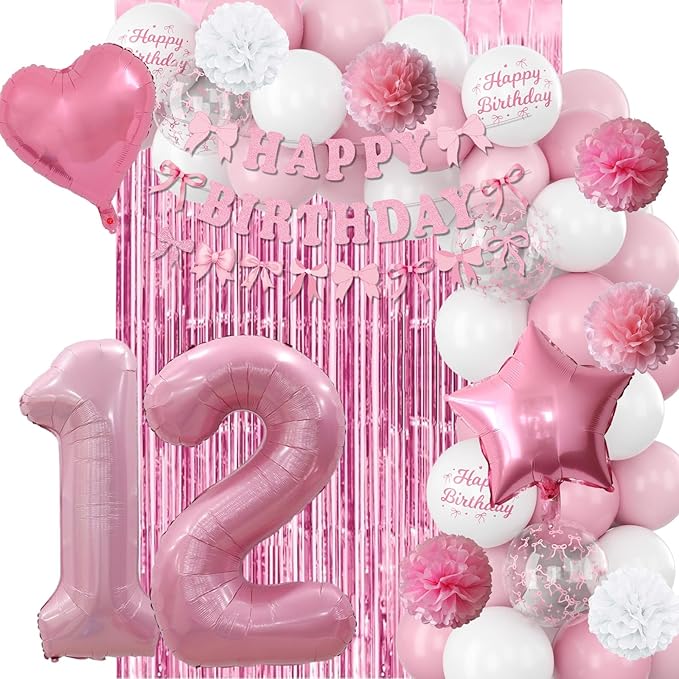 12th Birthday Decorations for Girls Pink Number 12 Balloon Bow Coquette Happy Birthday Banner Fringe Curtain Paper Pom Poms Star Heart Foil Pink White Balloons 21 Year Old Party Decor