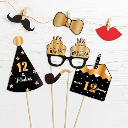 LINGTEER Happy 12th Birthday Party Photo Booth Props,Cheers to 12th Birthday Twelve Years Old Bday Party Centerpieces Props Decorations Sign.