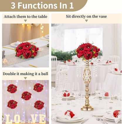 NUPTIO Flower Balls Flowers for Centerpieces: 10 Pcs 9.4 inch Diam Red Artificial Peony Fake Flower Ball Arrangement Bouquet Wedding Centerpieces for Tables Wedding Centerpiece Decorations