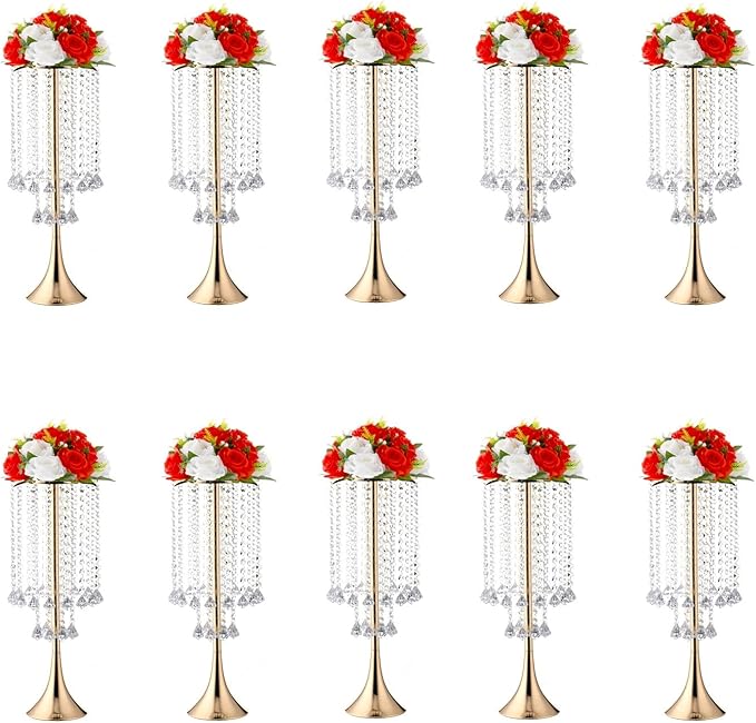 Set of 10pcs Crystal Flower Stand Gold Centerpieces Tall Metal Flower Arrangement Vase for Wedding Party Dinner Event Hotel Home Decor