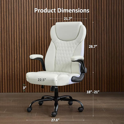 Office Chair, Executive PU Leather Chair Home Office Desk Chairs, Ergonomic Computer Desk Chair with Adjustable Flip-Up Arms, Lumbar Support Swivel Task Chair with Rocking Function (White)
