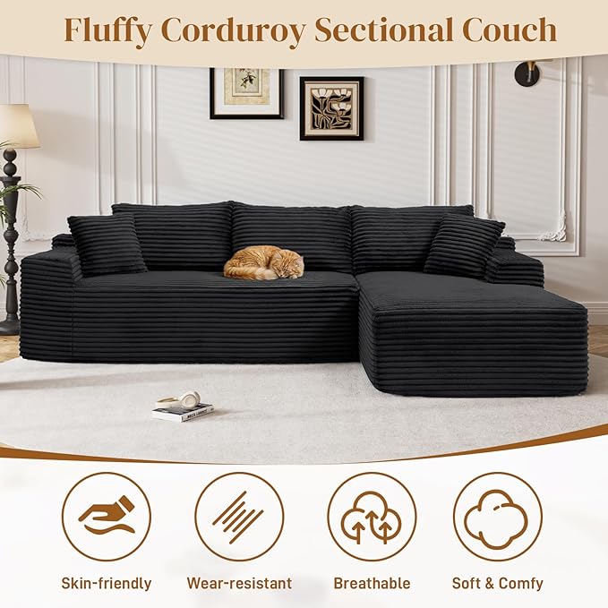 95" L Shaped Boneless Sectional Couches, Wide Armrest, Deep Seat, Memory Foam, Assembly Free, Modern Comfy Corduroy Fluffy Cloud Sofa with Right Chaise for Living Room, Small Spaces, Black
