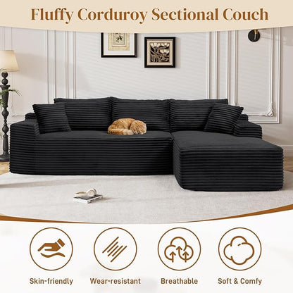 95" L Shaped Boneless Sectional Couches, Wide Armrest, Deep Seat, Memory Foam, Assembly Free, Modern Comfy Corduroy Fluffy Cloud Sofa with Right Chaise for Living Room, Small Spaces, Black