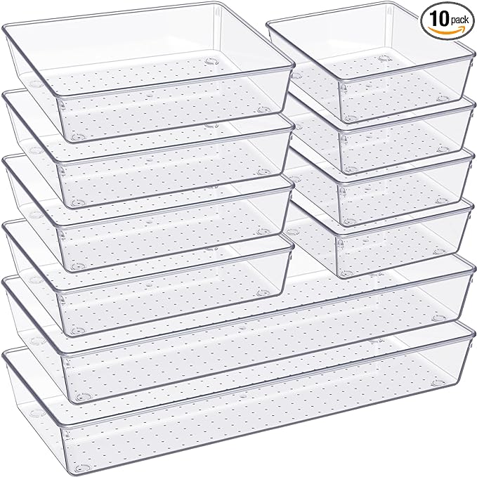 Criusia Drawer Organizer, 10 Pack Large Clear Plastic Set, 3 Size Versatile Bathroom and Vanity Organizer Trays, Storage Bins for Makeup, Bedroom, Kitchen Utensils