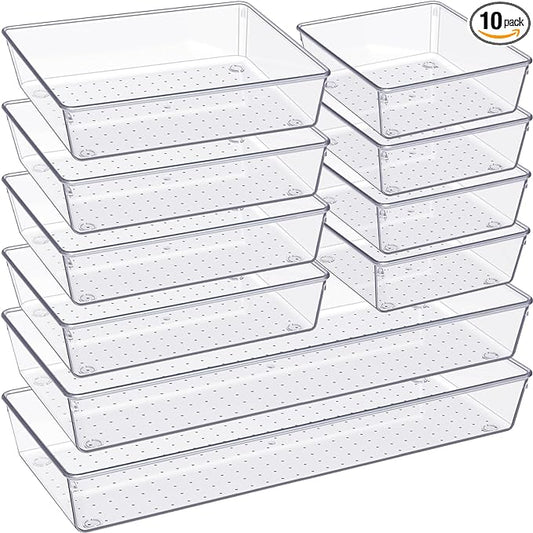 Criusia Drawer Organizer, 10 Pack Large Clear Plastic Set, 3 Size Versatile Bathroom and Vanity Organizer Trays, Storage Bins for Makeup, Bedroom, Kitchen Utensils