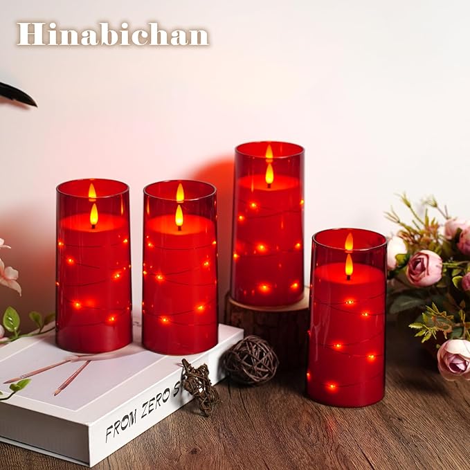 Flickering Flameless Candles with Remote Timer, 6pcs LED Battery Operated Candles with Embedded String Lights Red, Same Size D3 H6